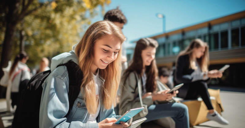 Mädchen um die 15 Jahre alt sitzt auf dem Pausenhof und schaut auf ihr Smartphone