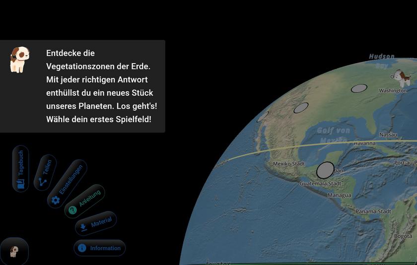 Das Foto zeigt das Spielfeld von Geo unterwegs: einen Globus mit runden weißen Markierungspunkten, auf denen die Spielfigur platziert werden kann. Außerdem ist das Menü zu sehen: mit den Menüpunkten Tagebuch, Teilen, Einstellungen, Anleitung, Material und Information.