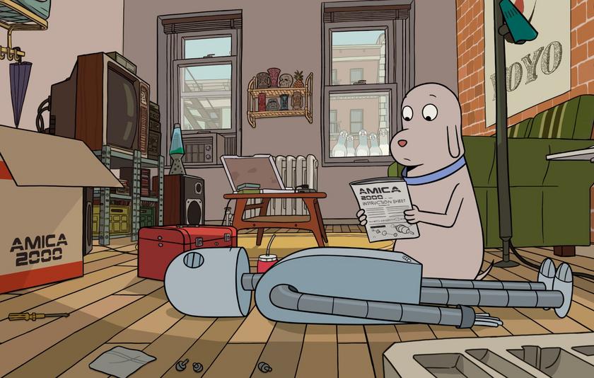 Das Filmstill aus dem Film Robot Dreams zeigt einen Hund, der sich in einem Wohnzimmer über einen Roboter beugt. 