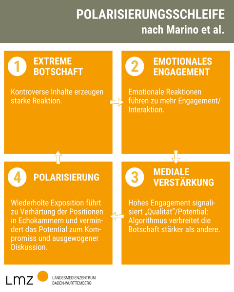 Ein Modellbild zur Entstehung der Polarisierungsschleife in 4 Blöcken, verbunden durch Pfeile, die einen nie endenden Kreis bilden: die Polarisierungsschleife, ein "Teufelskreis": 1. Extreme Botschaft. Kontroverse Inhalte erzeugen starke Reaktion. 2. Emotionales Engagement. Emotionale Reaktionen führen zu mehr Engagement / Interaktion. 3. Mediale Verstärkung: Hohes Engagement signali-siert „Qualität”/Potential: Algorithmus verbreitet die Botschaft stärker als andere. 4. Polarisierung: Wiederholte Exposition führt zu Verhärtung der Positionen in Echokammern und vermin-dert das Potential zum Kom-promiss und ausgewogener Diskussion.