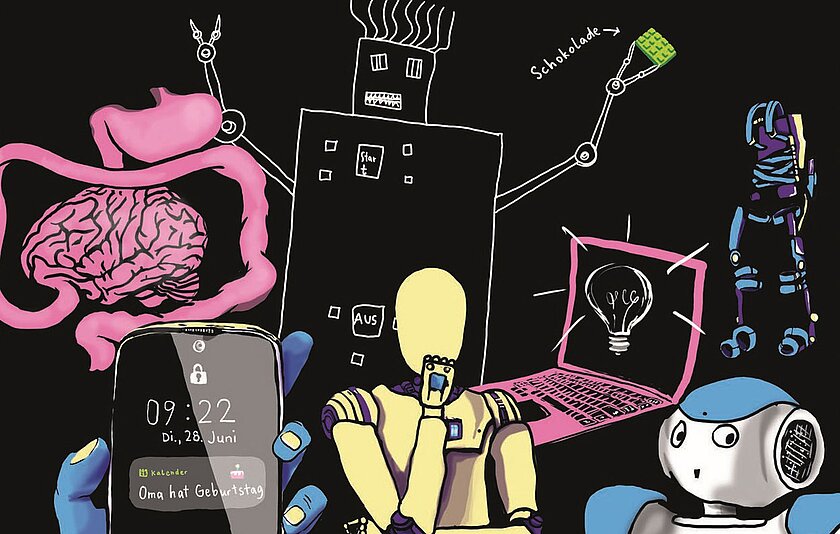 Künstliche Intelligenz, Roboter und Androide Auf schwarzem Hintergrund sind in Neonfarben ein Gehirn, ein Smartphone, mehrere Roboter, ein Laptop sowie ein Exoskelett abgebildet.