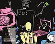Auf schwarzem Hintergrund sind in Neonfarben ein Gehirn, ein Smartphone, mehrere Roboter, ein Laptop sowie ein Exoskelett abgebildet.