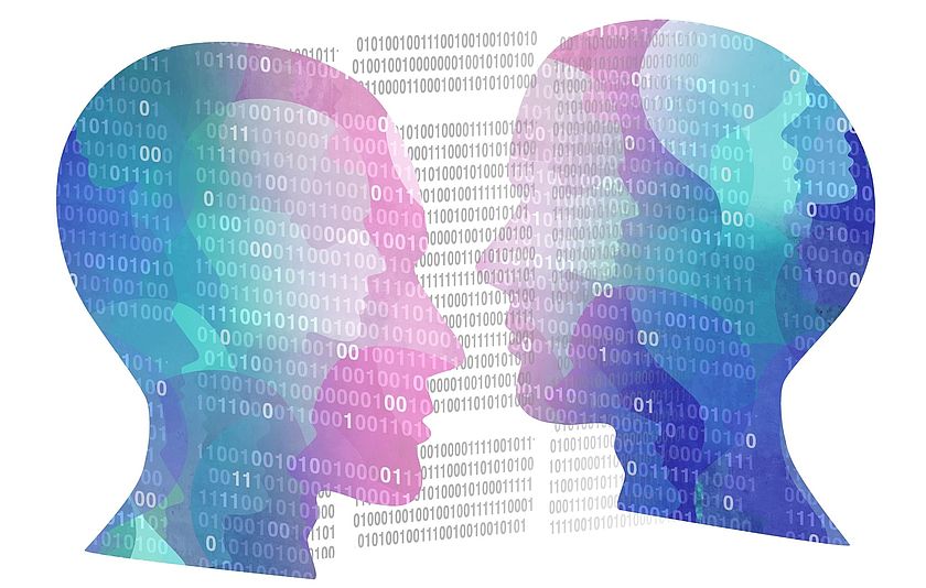 Grafik mit zwei Gesichtern, die sich gegenueber stehen. Zwischen ihnen 0en und 1en