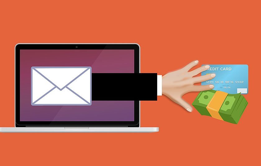 Illustration einer Hand, die aus einem Bildschirm heraus nach Geld greift