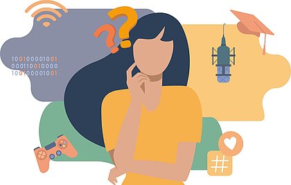 Stilisierte Grafik einer Frau mit langen schwarzen Haaren, die den Zeigefinger ans Kinn legt. Um sie herum sind ein Game-Controller, Nullen und Einsen, ein W-LAN-Symbol, Fragezeichen, ein Doktorhut, ein Hashtag sowie ein Mikrofon zu sehen.