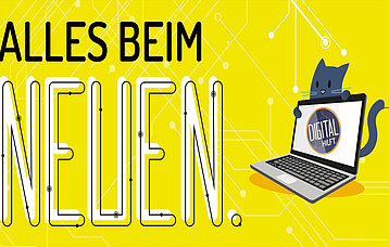 Illustration des Schriftzuges Alles beim Neuen mit Katze hinter einem Laptop