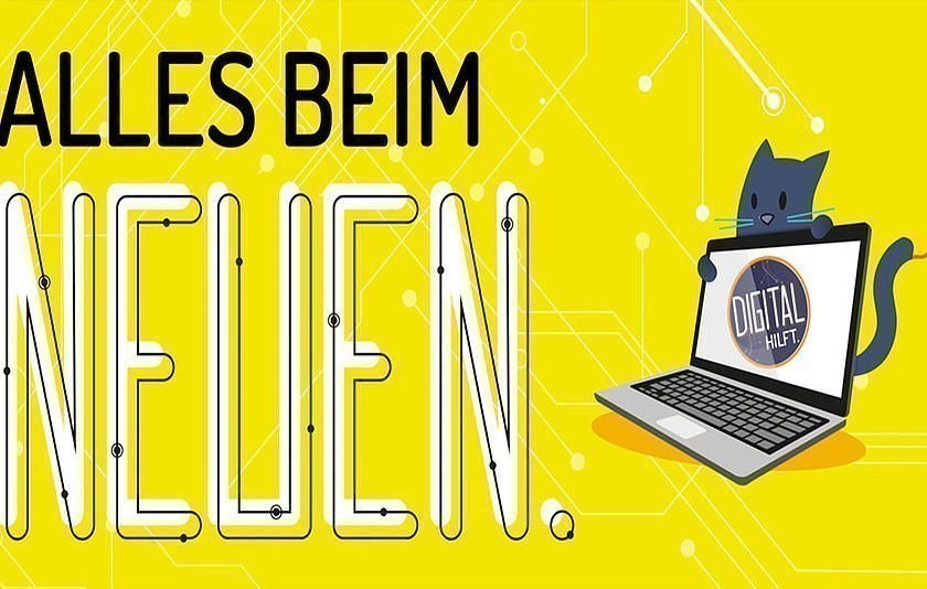Illustration des Schriftzuges Alles beim Neuen mit Katze hinter einem Laptop