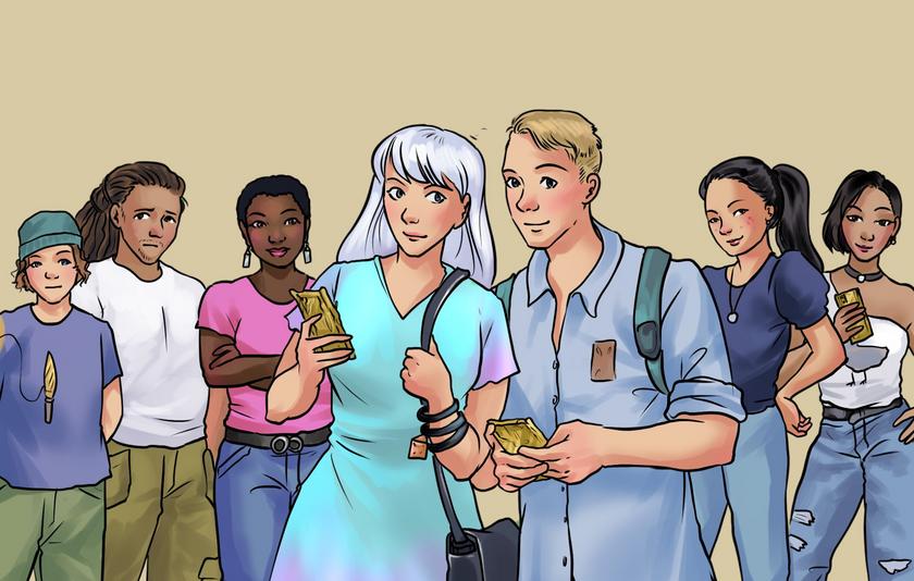 Escape Room Es war einmal im Netz ... Gezeichnete Figuren von Schülerinnen und Schülern, die Smartphones in hölzerner Optik in der Hand halten