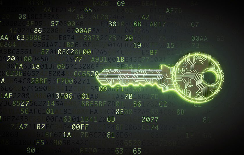 Digital und neon-grün animierter Schlüssel vor schwarzem Hintergrund.