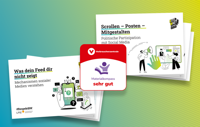 Das Bild zeigt die Coverseiten der zwei Unterrichtsmaterialien von Bitte Was?!, die mit dem Qualitätssiegel des Verbraucherzentrale Bundesverbands ausgezeichnet wurden.