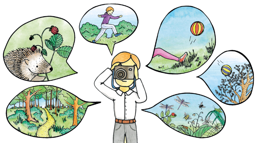 Ein gezeichnetes Bild von einem Jungen, der etwas mit einer Kamera fotografiert. Um ihn gerum sieht man Sprechblasen mit bunten Bildern.