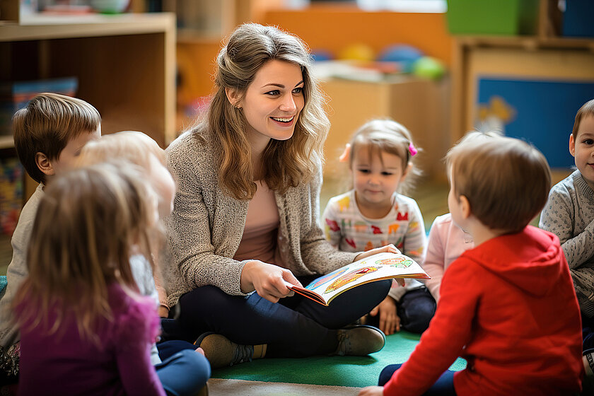 Erzieherin in einer Kindertagesstätte liest ein Buch vor.