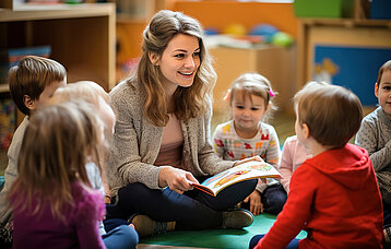 Erzieherin in einer Kindertagesstätte liest ein Buch vor.
