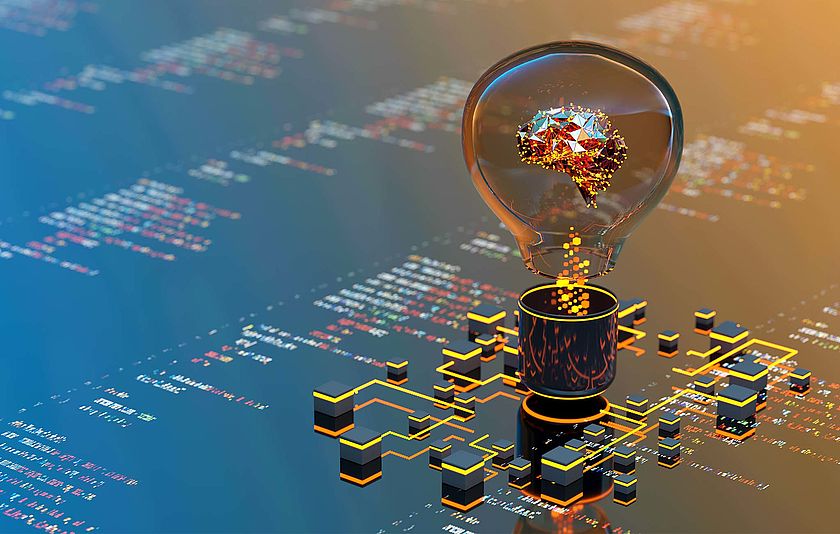 Man sieht Programmiercodes und Computerchips. Darüber eine Glühbirne, die ein Gehirn hat, das ebenfalls aus Computerchips besteht