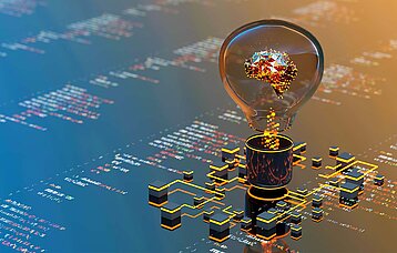 Man sieht Programmiercodes und Computerchips. Darüber eine Glühbirne, die ein Gehirn hat, das ebenfalls aus Computerchips besteht