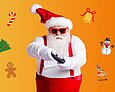 Das Foto zeigt einen Weihnachtsmann mit einem Game-Controller in der Hand. Um ihn herum sind eine Zuckerstange, ein Weihnachtsbaum, ein Lebkuchenmann, eine Glocke, ein Schneemann und ein Rentier im grafischen Stil eines Computerspiels platziert.