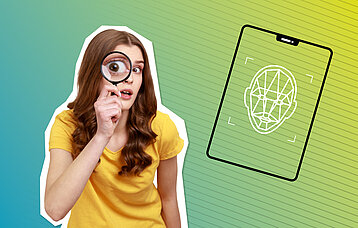 Eine Frau in gelbem T-Shirt schaut neugierig durch eine Lupe. Im Hintergrund ist eine Grafik zu sehen, die ein Tablet mit einem Kopf zu sehen, der von KI-Bilderkennungssoftware gescannt wird. 