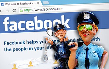 Zwei illustrierte Polizisten vor dem Hintergrund einer Facebook-Internetseite