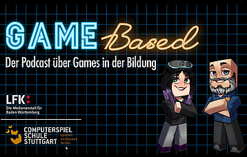 Schriftzug Games in der Bildung, Logos und zwei Personen als Grafik