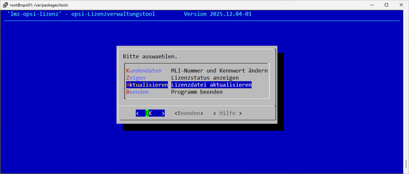 Screenshot zur Aktualisierung der opsi-Lizenzdatei für das Jahr 2026