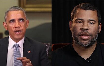 Barack Obama ist in einem Videoausschnitt neben einem separaten Videoausschnitt von Jordan Peele zu sehen.