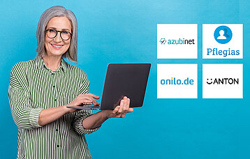 Frau mit Laptop. Daneben sind die Logos der LErnportale Azubinet, Pflegias, Onilo und ANTON zu sehen.