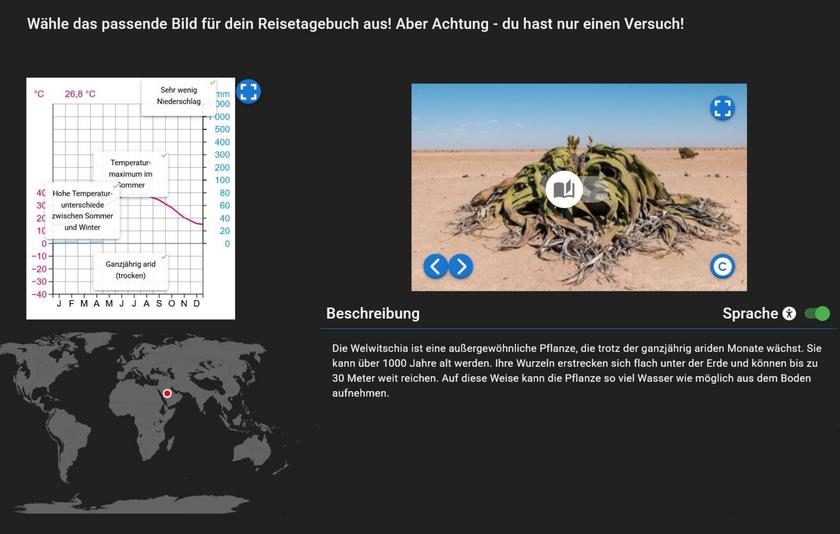 Das Bild zeigt links ein Klimadiagramm mit vier Klimamerkmalen und rechts ein Bild der Pflanze Welwitschia mit langen, dicken und ausgefransten Blättern inmitten einer Wüste. Darunter findet sich eine Bildbeschreibung sowie eine Schaltleiste zum Umschalten auf einfache Sprache. 