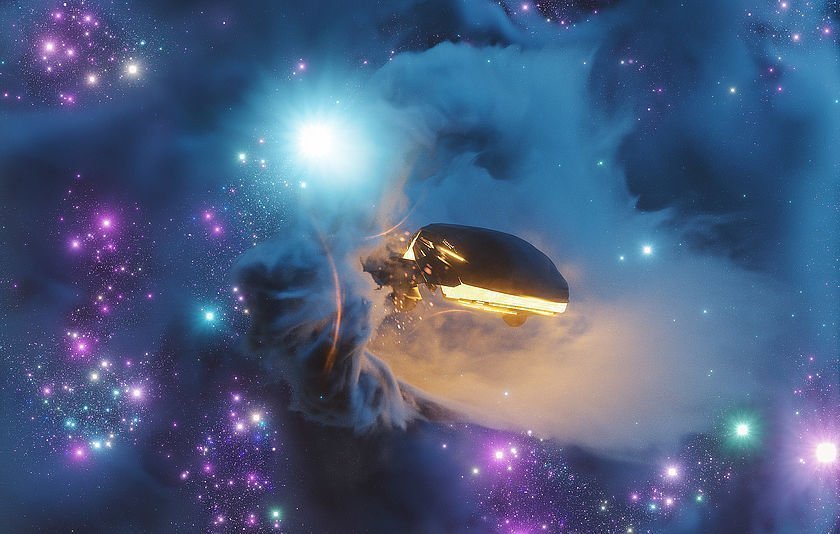 3D-Animation: Futuristisches Raumschiff, das aus einem Wurmloch herausfliegt. 