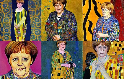 Die ehemalige Bundeskanzlerin Angela Merkel ist als Collage sechs Mal im Stil des Künstlers Gustav Klimt zu sehen.