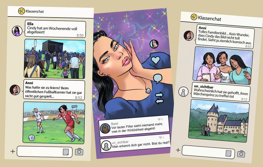 Tool-Tipp Es war einmal im Netz ... Screenshots aus dem Spiel: Diese zeigen Chatverläufe und Social-Media-Postings im Comic-Stil.