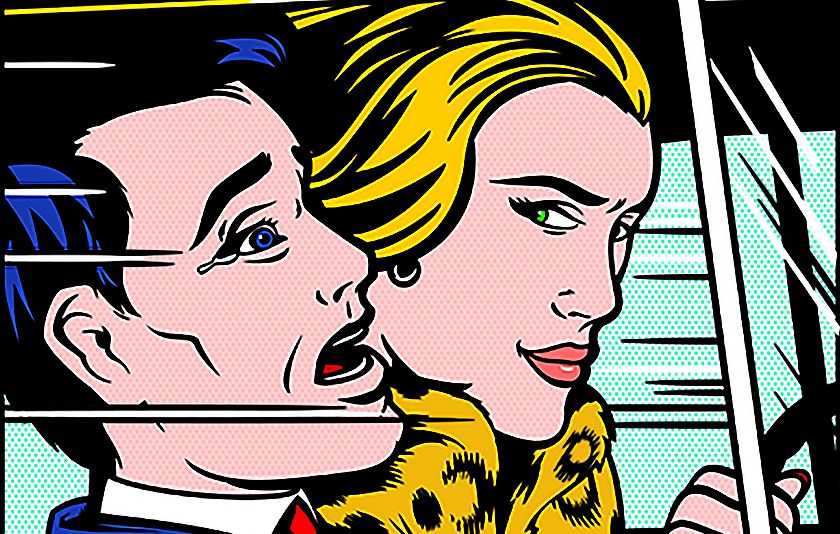 Illustration einer Frau am Steuer eines Autos mit Beifahrer