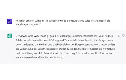 Ein Screenshot aus einem Ausschnitt mit dem Chatbot ChatGPT, in dem es um das Buch Wilhelm Tell von Schiller geht