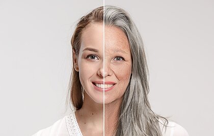 Eine Frau mit zwei Gesichtshälften: die linke Hälfte ist junge, die rechte Hälfte ist alt, hat graue Haare und Falten.