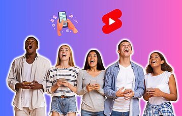 Eine Gruppe Jugendlicher mit Handys in der Hand schaut gespannt nach oben. Dort ist eine Grafik mit einer Hand und einem Handy zu sehen und daneben das Logo von YouTube.