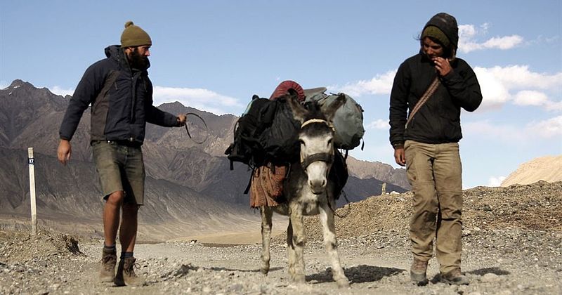 Zwei Männer mit bepacktem Esel auf einem steinigen Weg.
