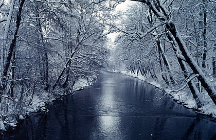 Fluss Brigach im Winter 1999. Fotografiert im Schlosspark in Donaueschingen.