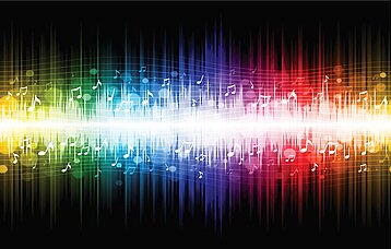 Hintergrund einer Musikanzeige am PC mit Regenbogenfarben und Noten