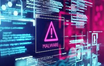 Ein Computerbildschirm mit Programmcode, der vor einem erkannten Malware-Skriptprogramm warnt. 3d Illustration
