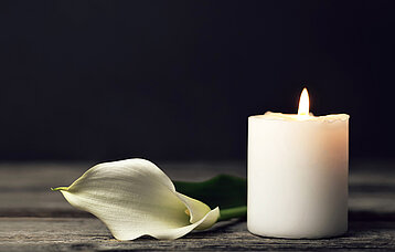 Brennende Kerze mit einer weißen Blume