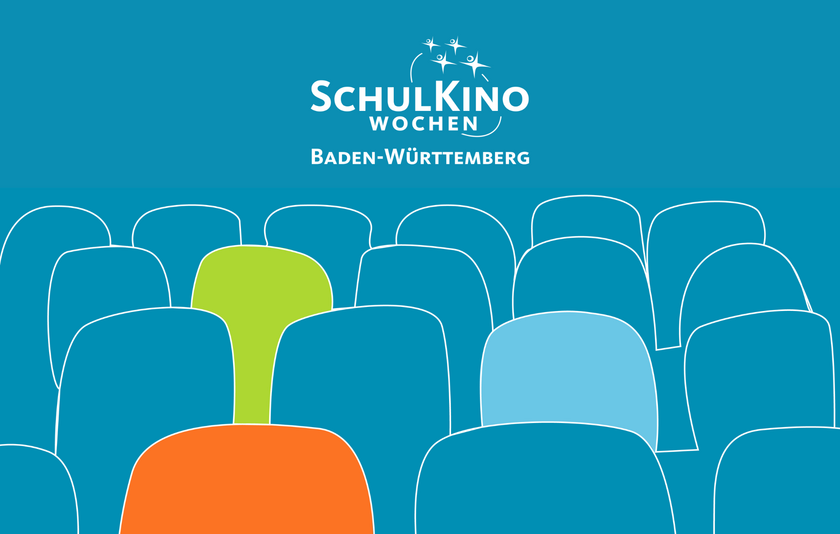 SchulKinoWoche 2026 Gezeichnete, weiße Kinoreihen auf azurblauem Hintergrund. Oben mittig ist das SchulKinoWochen-Logo mit vier Stenen zu sehen.