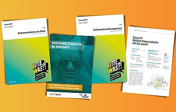 Man sieht vier Titelblätter von Unterrichtsmaterialien des Landesmedienzentrums vor einem orangenem Hintergrund. 