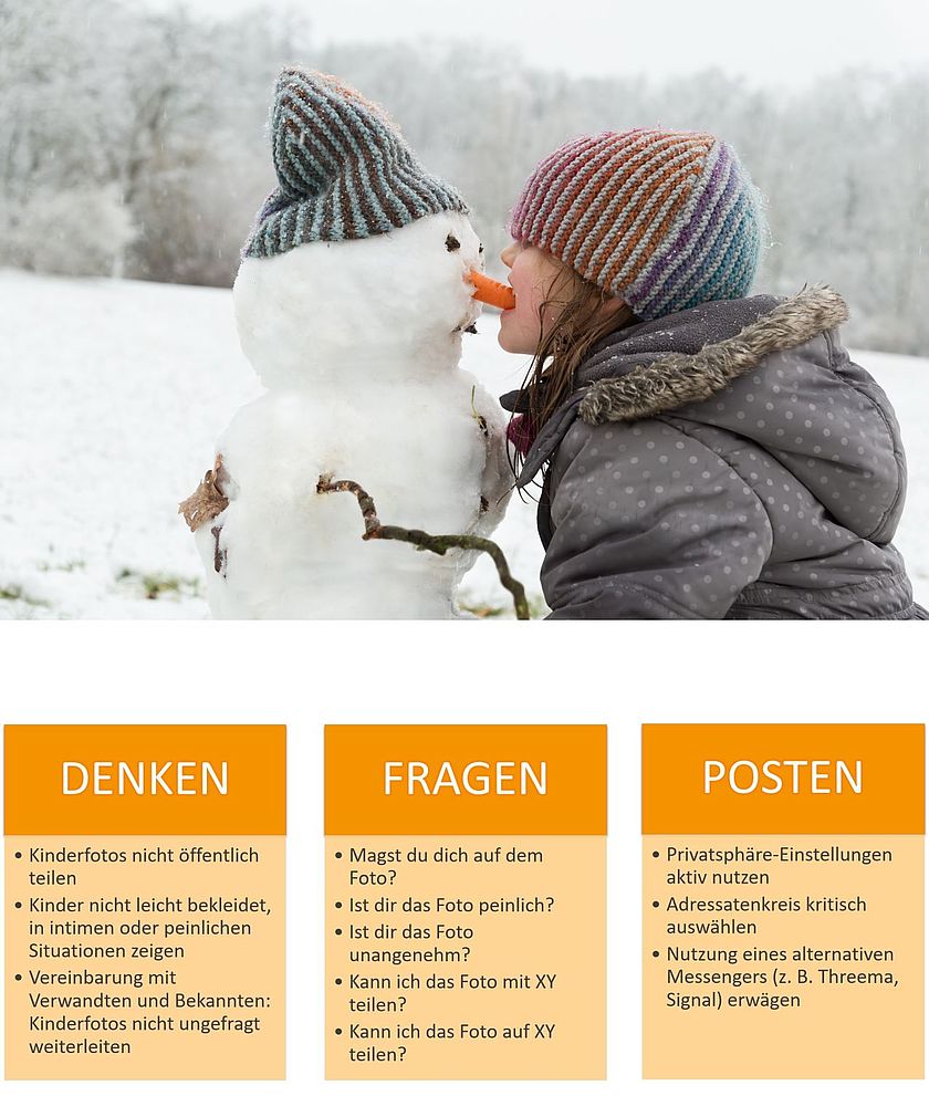 Mädchen mit einem Schneemann und Tipps zum Umgang mit Fotos in sozialen Medien