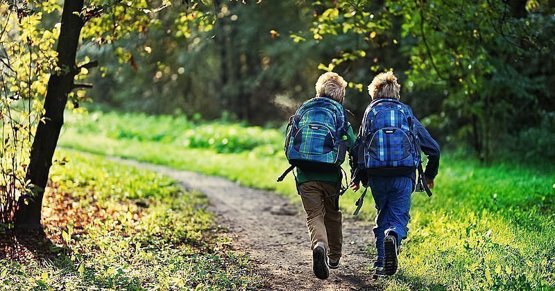 Zwei Kinder laufen im Wald
