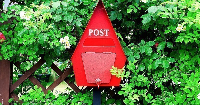 Roter Briefkasten in einem Busch