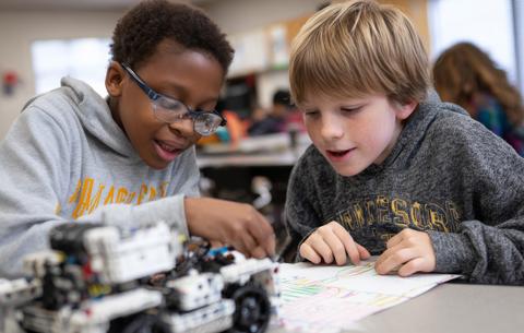 Schüler arbeiten an einem Robotik-Projekt im Unterricht