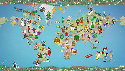 Landkarte mit Personen in Weihnachtsoutfits