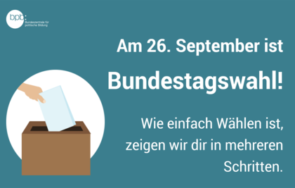 Screenshot mit Text "Am 26. September ist Bundestagswahl! Wie einfach Wählen ist, zeigen wir dir in mehreren Schritten."