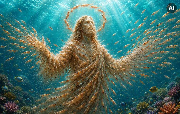 Shrimp Jesus Das ist ein KI-generiertes Bild. Es zeigt eine Jesus-Figur mit Heiligenschein, die aus Shrimps besteht und unter Wasser vom Sonnenlicht angeschienen wird.