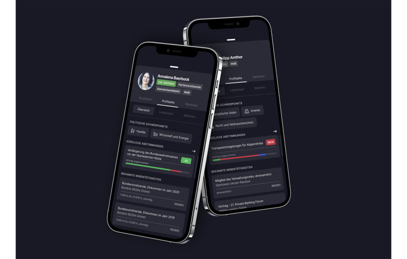 Zwei Smartphones zeigen die Ansicht der App "face the facts"