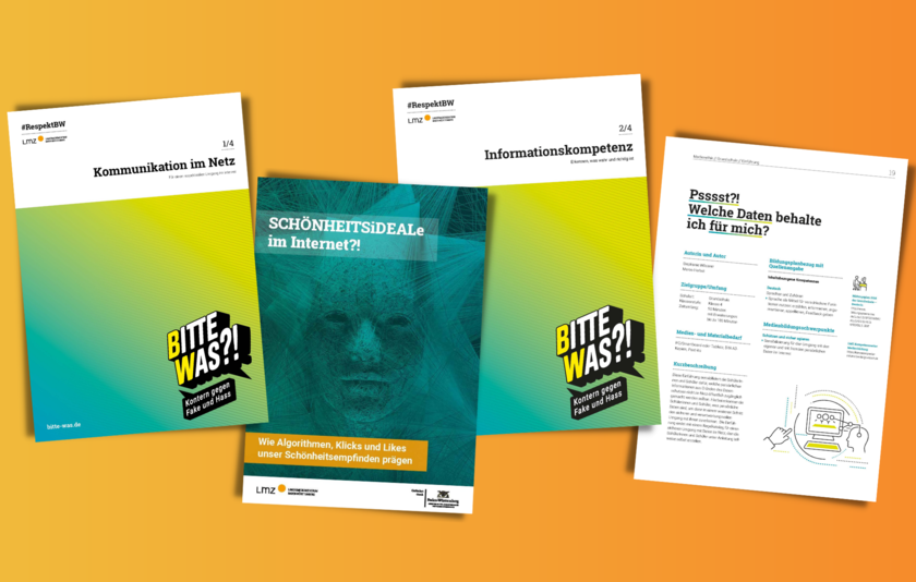 LMZ Unterrichtsmaterialien mit "sehr gut" durch die Verbraucherzentrale Bundesverband (vzbv) ausgezeichnet Man sieht vier Titelblätter von Unterrichtsmaterialien des Landesmedienzentrums vor einem orangenem Hintergrund.